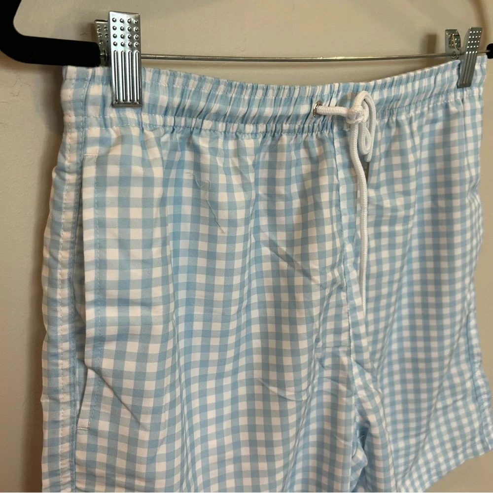 SwimZip Swim Trunks Boxer Brief Liner, Blue Gingham, Small
